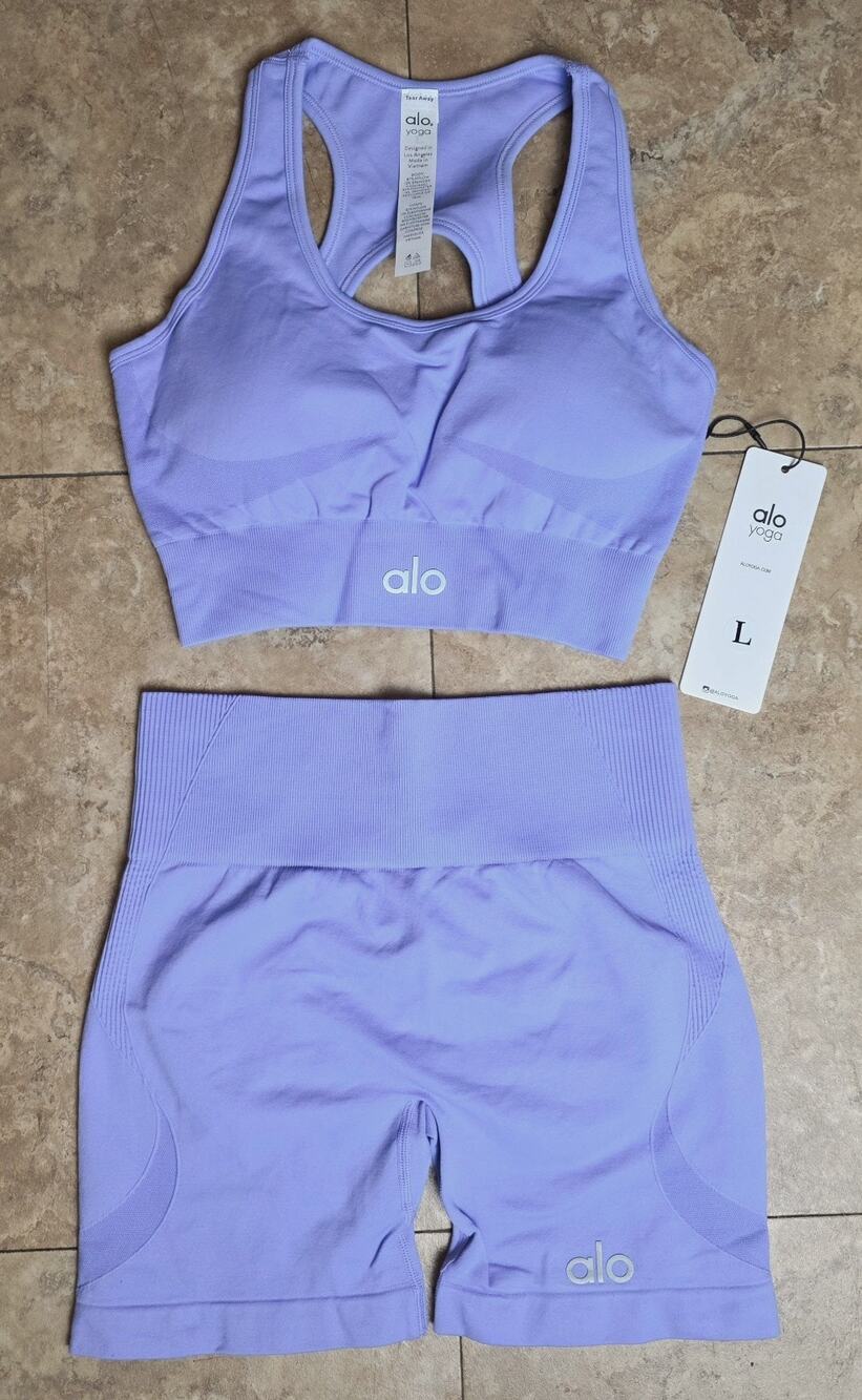 ALO Yoga L Racerback Sport Bra Biker Shorts Purple Athletic Activewear Gym Set